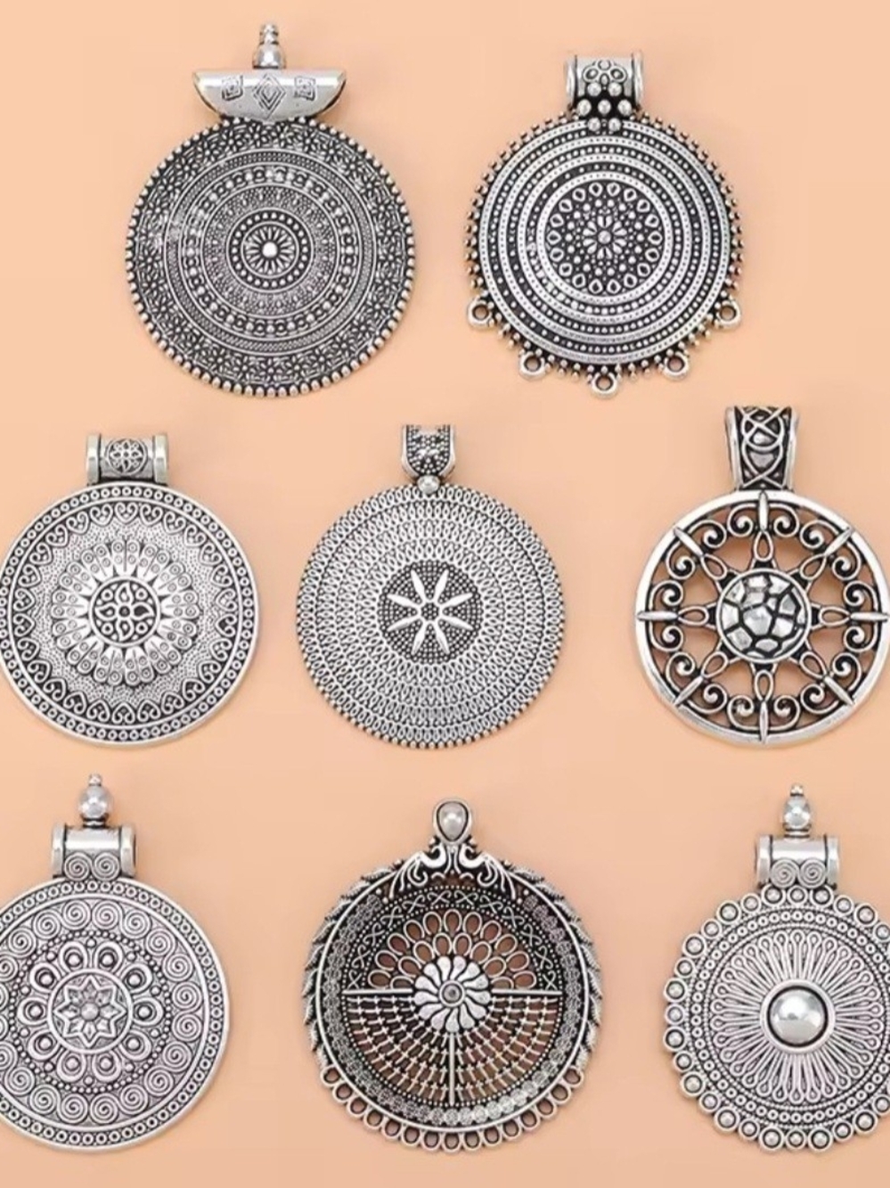 Boho Silver Tone Round Pendant Charms - Set of 8